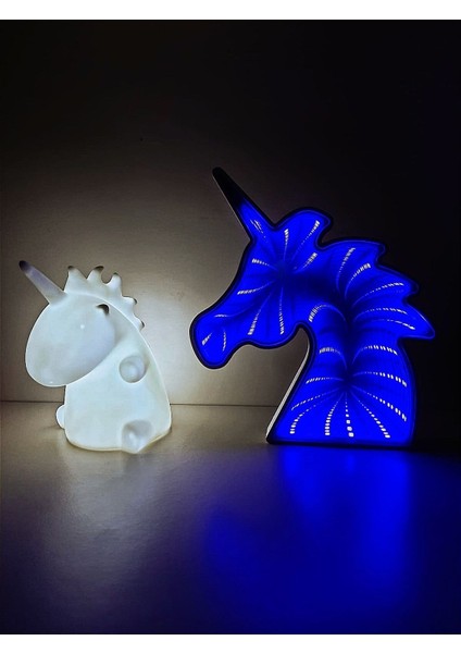 Beyaz Unicorn ve Mavi Aynalı Led'li Unicorn Hediye Kutusu Gece Lambası