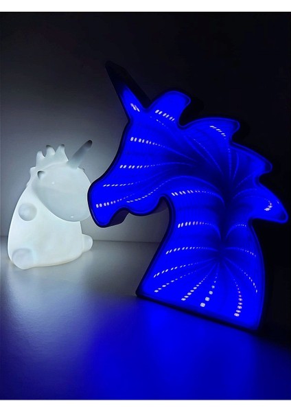 Beyaz Unicorn ve Mavi Aynalı Led'li Unicorn Hediye Kutusu Gece Lambası