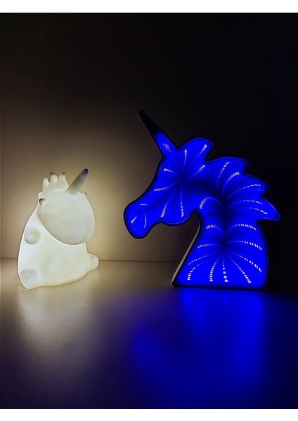 Beyaz Unicorn ve Mavi Aynalı Led'li Unicorn Hediye Kutusu Gece Lambası