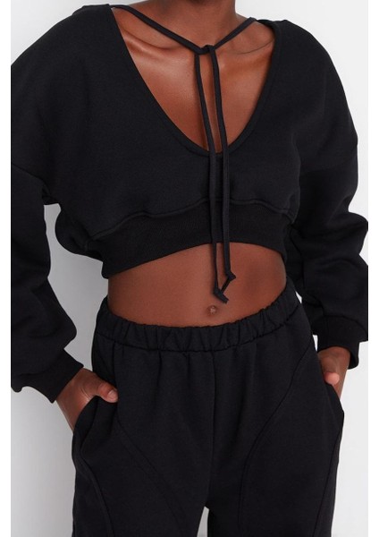 Relaxed Kapüşonlu Düşük Kol Crop Kalın Içi Polarlı V Yaka Rahat Kesim Crop Örme Sweatshirt modelleri