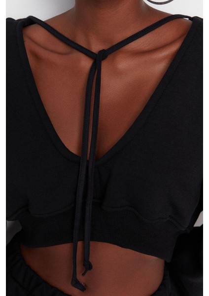 Relaxed Kapüşonlu Düşük Kol Crop Kalın Içi Polarlı V Yaka Rahat Kesim Crop Örme Sweatshirt fırsatları