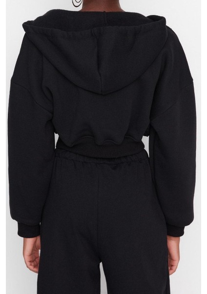 Relaxed Kapüşonlu Düşük Kol Crop Kalın Içi Polarlı V Yaka Rahat Kesim Crop Örme Sweatshirt indirimleri