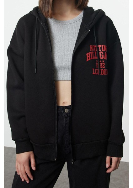 Tarz Bol Kapüşonlu Düşük Kol Uzun Sırt Baskılı Fermuarlı Kalın Içi Polarlı Örme Sweatshirt fiyatları