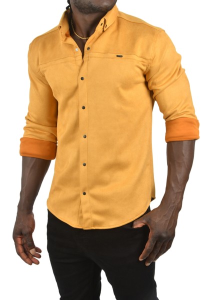 Likralı Çıtçıtlı Kırışmayan Süet Kumaş Slim Fit Cepsiz Mevsimlik Gömlek 2500556