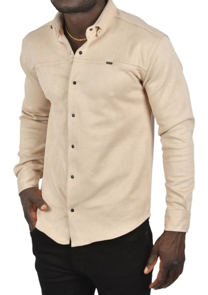 Likralı Çıtçıtlı Kırışmayan Süet Kumaş Slim Fit Cepsiz Mevsimlik Gömlek 2500556