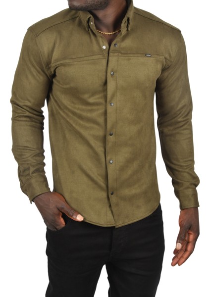 Likralı Çıtçıtlı Kırışmayan Süet Kumaş Slim Fit Cepsiz Mevsimlik Gömlek 2500556