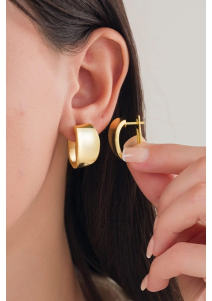 Gümüş Altın Gold Kaplama Içe Hafif Bombeli Oval Sade Düz Modern Küpe