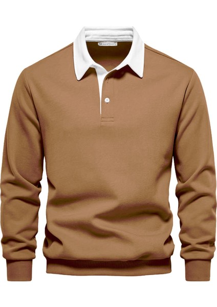 Erkek Retro Renk Bloklu Pamuklu Gömlek Yaka Sweatshirt