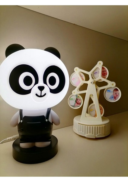 LED Panda ve Kurmalı Müzikli Resimli Dönme Dolap Gec Lambası Hediye Kutusu