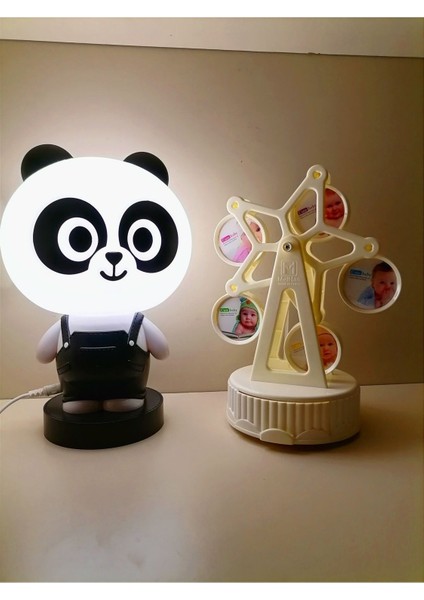LED Panda ve Kurmalı Müzikli Resimli Dönme Dolap Gec Lambası Hediye Kutusu