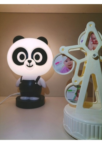 LED Panda ve Kurmalı Müzikli Resimli Dönme Dolap Gec Lambası Hediye Kutusu