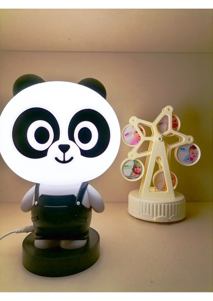 LED Panda ve Kurmalı Müzikli Resimli Dönme Dolap Gec Lambası Hediye Kutusu
