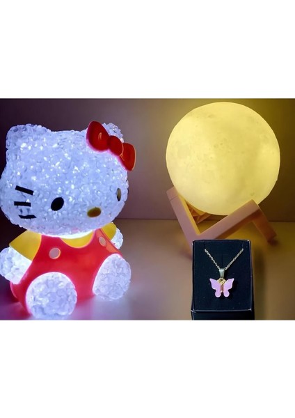 3'lü Set- Kelebek Kolye - Hello Kitty - 3D LED Küre Gece Lambası Bujiteri Hediye Sepeti