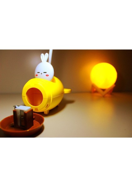 Tepe Lambalı Kalem Traşlı Sarı Uçak Masa Lambası ile 3 D LED Küre Sarı Gece Lambası