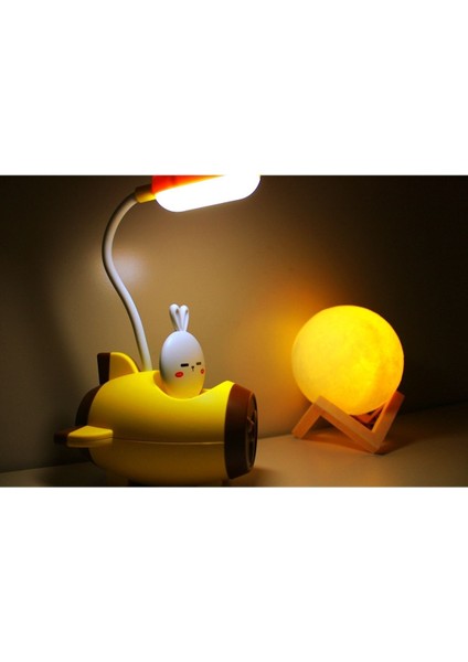 Tepe Lambalı Kalem Traşlı Sarı Uçak Masa Lambası ile 3 D LED Küre Sarı Gece Lambası