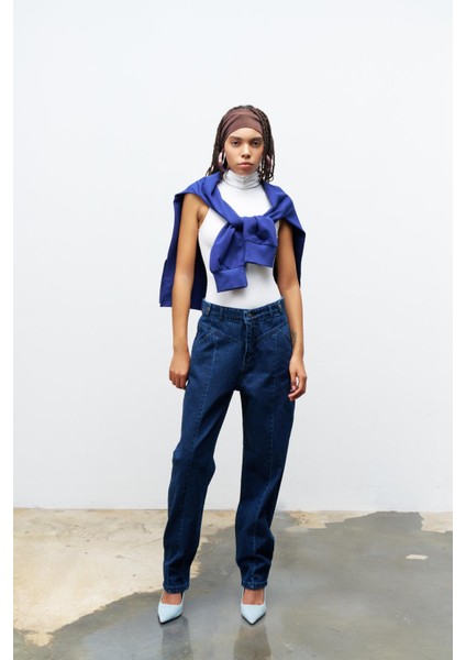 Koyu Mavi Nevruz Dikişli %100 Cotton Denim Pantolon