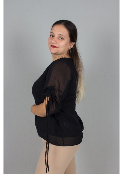 Büyük Beden Kolyeli Şifon Bluz Kol Büzgülü modelleri