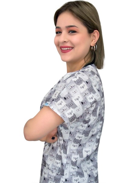 Gri Kedi Desenli Pamuklu Master Likra Tek Üst Forma