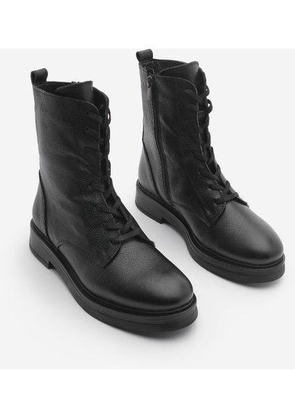 Kadın Hakiki Deri Postal Bot Bağcıklı Fermuarlı Kafle Siyah indirimleri