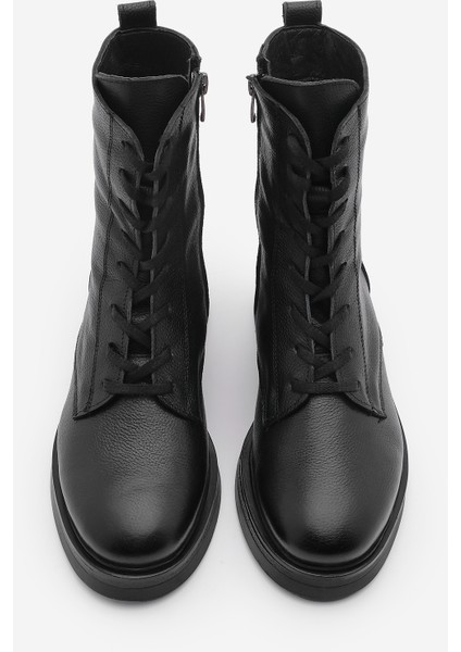 Kadın Hakiki Deri Postal Bot Bağcıklı Fermuarlı Kafle Siyah