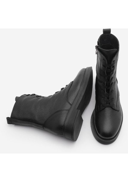 Kadın Hakiki Deri Postal Bot Bağcıklı Fermuarlı Kafle Siyah