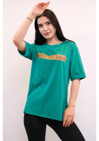 Bisiklet Yaka Oversize Tshirt Yeşil Yeşil