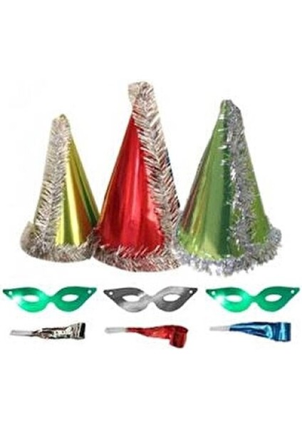 Karton Yılbaşı Şapkası + Kaynana Dili + Maske - Doğum Günü Kukuleta Şapka