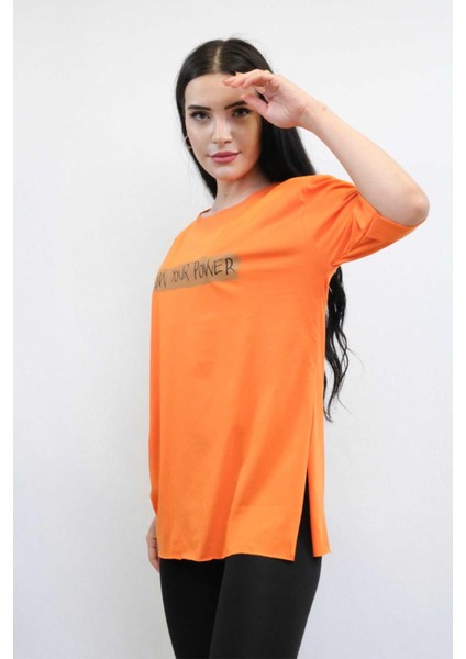 Bisiklet Yaka Oversize Tshirt Turuncu Turuncu