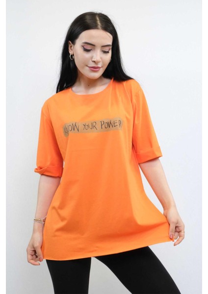 Bisiklet Yaka Oversize Tshirt Turuncu Turuncu