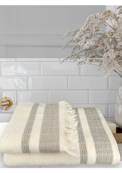 Genel Markalar Ekru - Kahverengi Desenli Saçaklı Banyo Havlu Seti