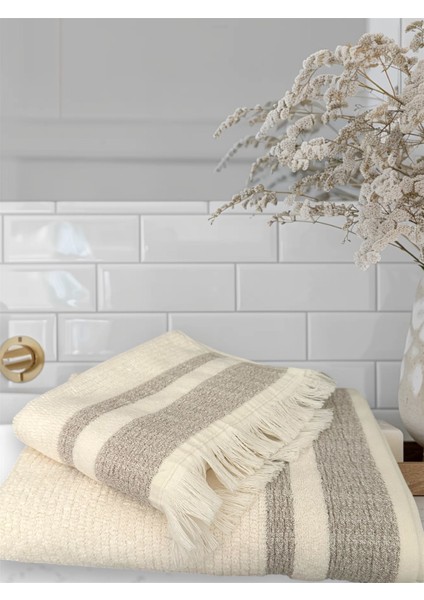 Genel Markalar Ekru - Kahverengi Desenli Saçaklı Banyo Havlu Seti fiyatları