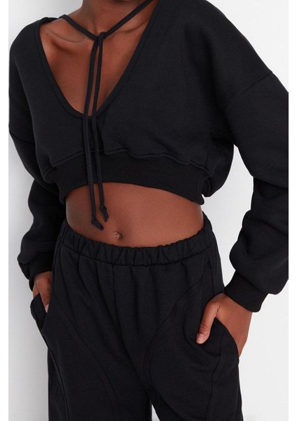 Kadın Relaxed Kapüşonlu Düşük Kol Crop Kalın Içi Polarlı V Yaka Rahat Kesim Crop Örme Sweatshirt modelleri