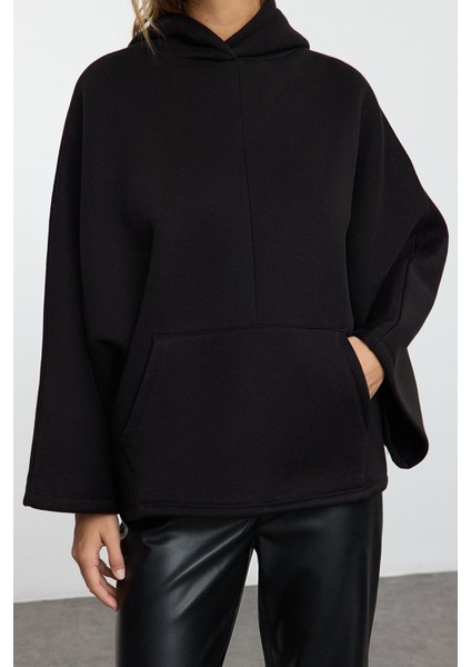 Kadın Moda Şık Bol Kapüşonlu Yarasa Kol Uzun Yarasa Kol Overize Geniş Kalıp Örme Sweatshirt
