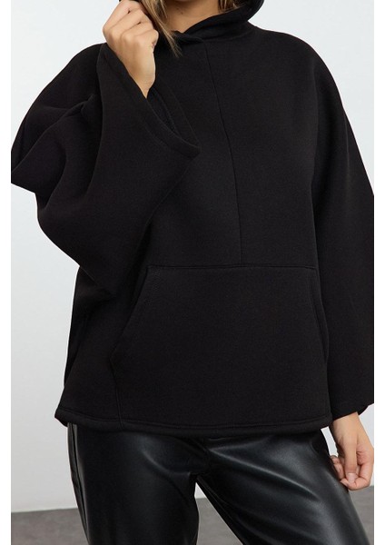 Kadın Moda Şık Bol Kapüşonlu Yarasa Kol Uzun Yarasa Kol Overize Geniş Kalıp Örme Sweatshirt