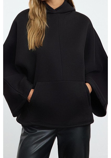 Kadın Moda Şık Bol Kapüşonlu Yarasa Kol Uzun Yarasa Kol Overize Geniş Kalıp Örme Sweatshirt