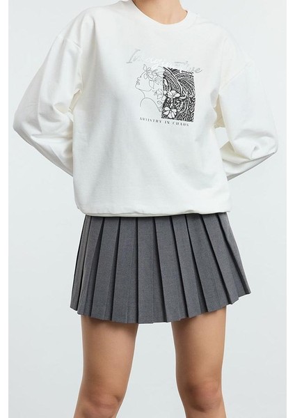 Kadın Regular Dik Yaka Düşük Kol Uzun Geniş Kalıp Varak Baskılı Kalın Içi Polarlı Örme Sweatshirt