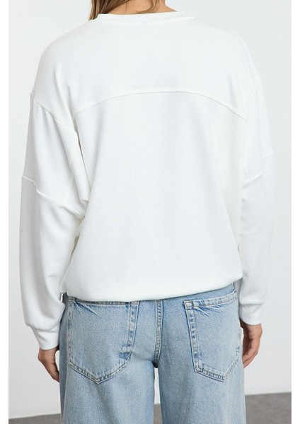 Kadın Bol Bisiklet Yaka Düşük Kol Uzun Yumuşak Tuşeli Paraşüt Cep Geniş Kesim Örme Sweatshirt