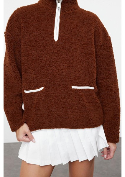 Kadın Regular Fermuarlı Yaka Düşük Kol Standart Peluş Geniş Kalıp Fermuarlı Yaka Örme Sweatshirt