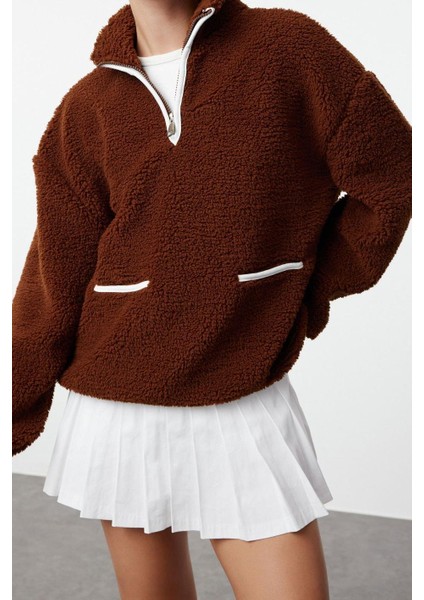 Kadın Regular Fermuarlı Yaka Düşük Kol Standart Peluş Geniş Kalıp Fermuarlı Yaka Örme Sweatshirt fiyatları
