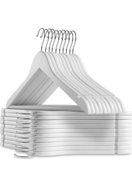 12 Adet Beyaz Ahşap Görünümlü Askı 1.sınıf Askı Kıyafet Elbise Askısı Etek Pantalon Askısı