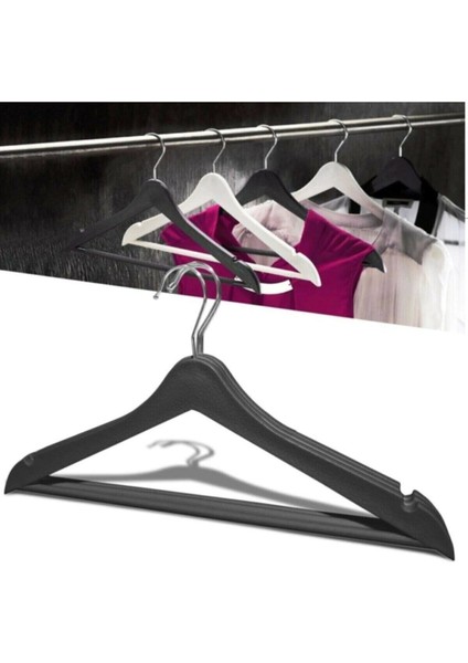 Ahşap Görünümlü Plastik Elbise Askısı 12 Adet Siyah Renk Döner Başlıklı
