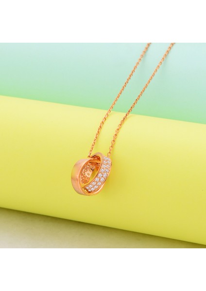 925 Ayar Gümüş Rose Ikili Taşlı Alyans Kolye