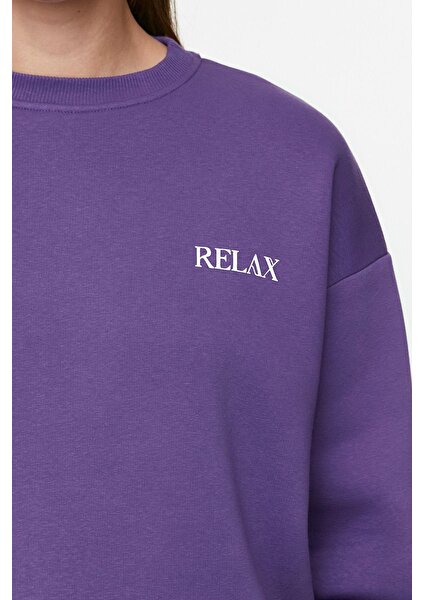 Bol Bisiklet Yaka Düşük Kol Uzun Geniş Kalıp Slogan Baskılı Kalın Içi Polarlı Örme Sweatshirt