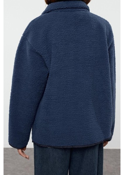 Tarz Oversize Dik Yaka Standart Kol Uzun Kalın Polar Fermuarlı Cepli Örme Sweatshirt