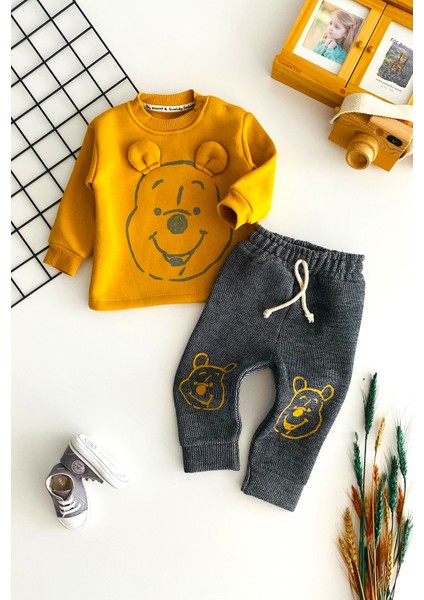Neşeli Bebekler Winnie The Pooh Nakışlı Şardonlu Üç Ip Polar Takım Hardal