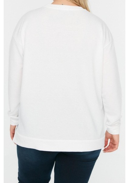 Büyük Beden Tarz Relaxed Bisiklet Yaka Düşük Kol Uzun Yırtmaç Detaylı Ince Örme Sweatshirt