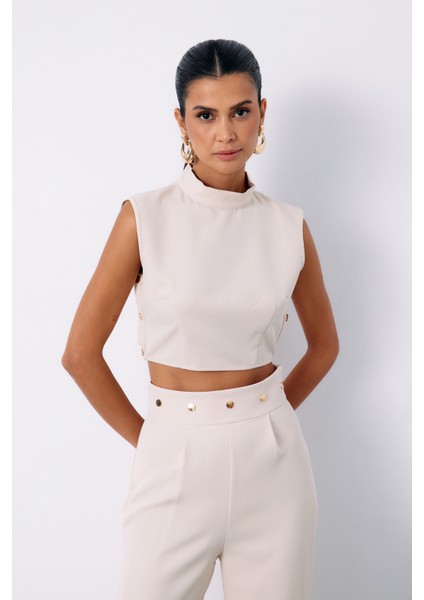 Çıt Çıt Detaylı Crop Bluz - Bej