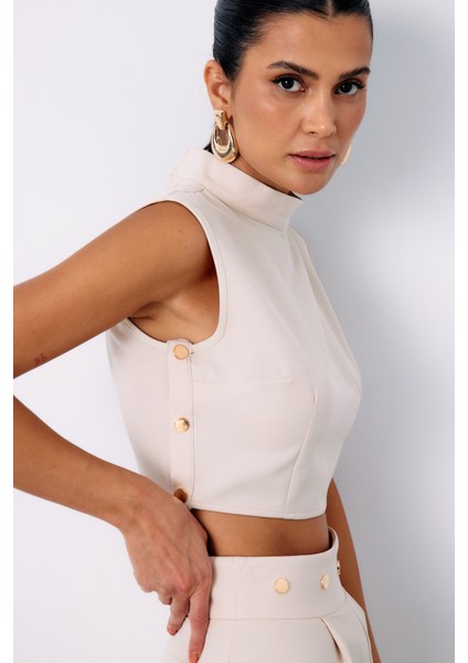 Çıt Çıt Detaylı Crop Bluz - Bej modelleri