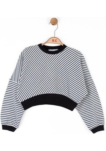 Kız Çocuk Pamuklu Çizgili Crop Sweatshirt