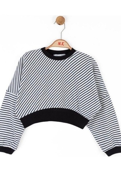 Kız Çocuk Pamuklu Çizgili Crop Sweatshirt modelleri